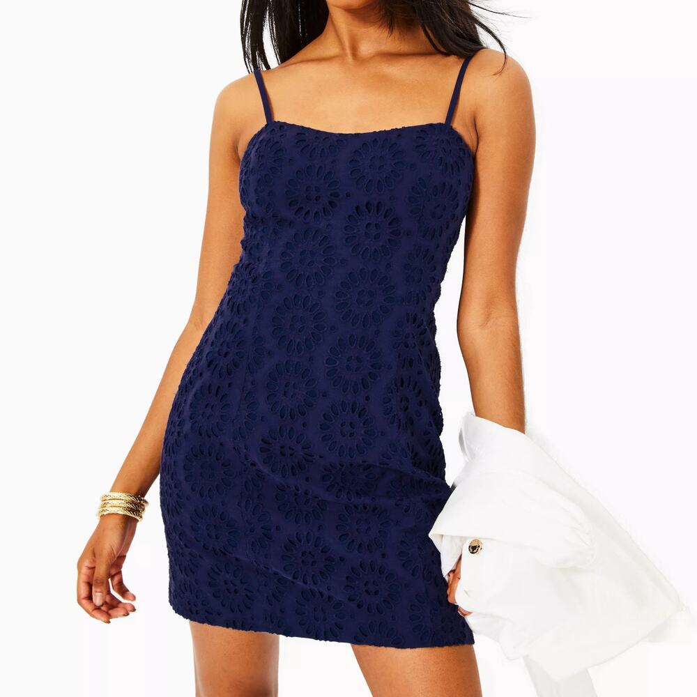 Lilly Pulitzer Shelli Dress S Navy Womens Eyelet Adjustable TieBack Mini NWT$198